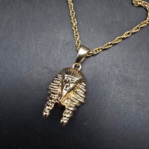 Egyptian Pharoah Pendant Necklace Gold Tone Costume Jewelry